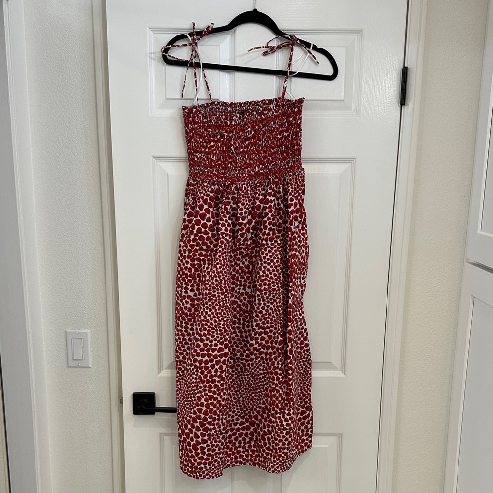 JCrew Red and White Strawberry Smocked Midi Dress